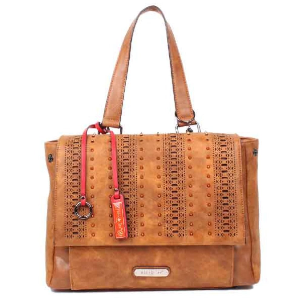NICOLE LEE USA SLOANE LASER CUT HANDBAG - CAMEL